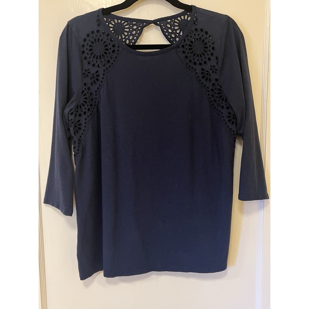 J Jill Navy Cotton Modal Knit  SZ M Pullover W/Eyelet 3/4 sleeves READ Stretch
